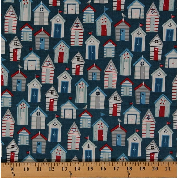 Cotton Sea View Beach Huts Nautical Cotton Fabric Print by the Yard 1635-1