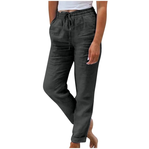 Qingpeng Womens Cotton Linen Blend Jogger Pants Loose Drawstring Elastic Waisted Cropped Trousers with Rolled Cuffs for Casual Wear