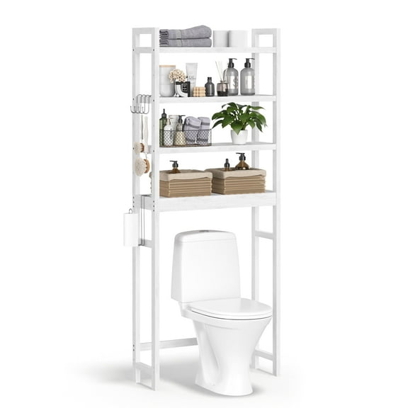 4-Tier Over The Toilet Storage Bamboo Over Toilet Shelf Bathroom Storage Organizer with Adjustable Shelf, White