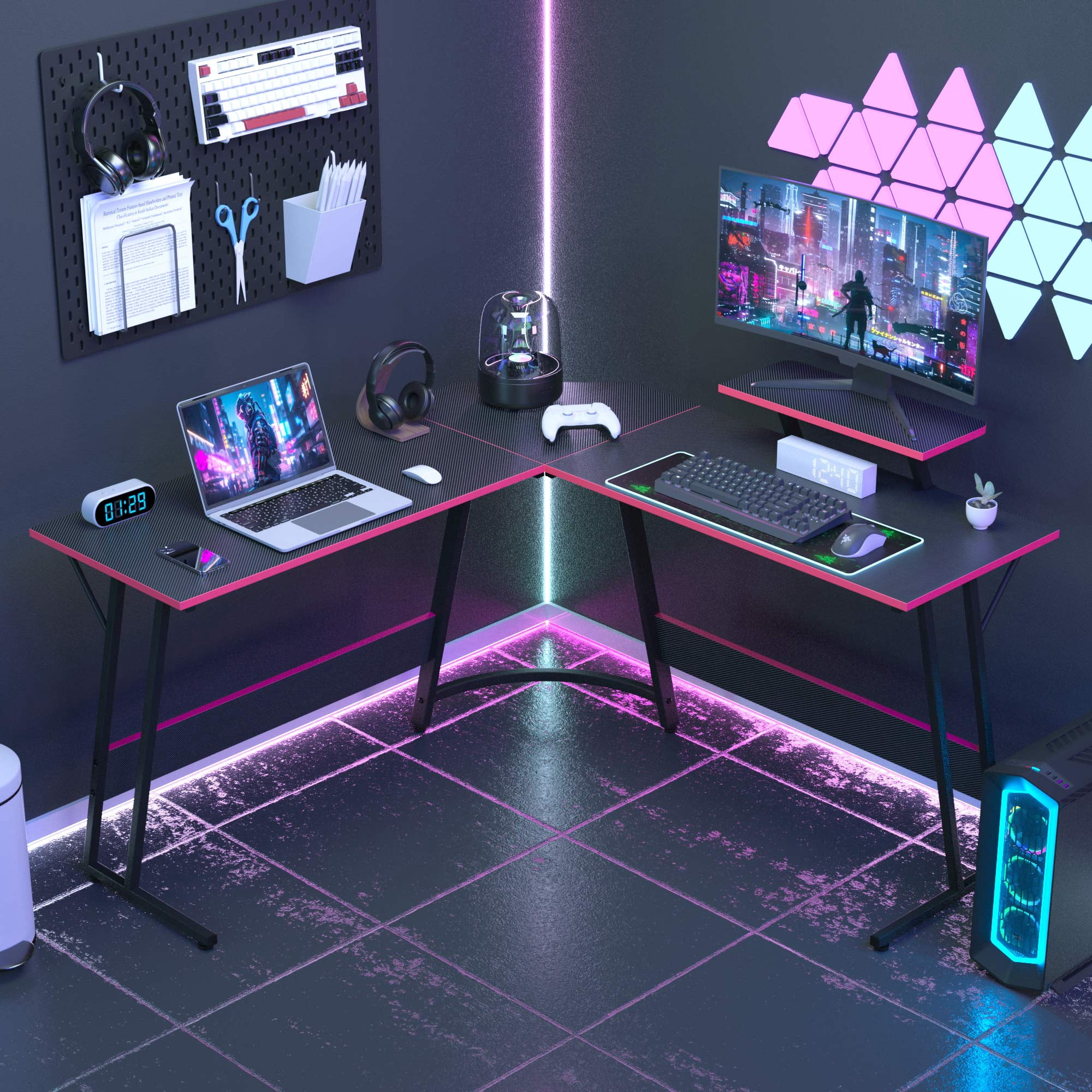 CL.HPAHKL L Shaped Corner Desk, PC Gaming Desk Table with Large Desktop 50 Inch L Shape Computer Desk Corner Gaming Desk with Monitor Stand for Home Office Dorm Small Space, Easy to Assemble, Black