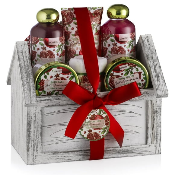 Regalos de cumpleaños de Son Home Spa Cesta de regalo Juego de baño y cuerpo de 8 piezas para mujeres y hombres Gel de ducha con aroma exótico a granada Loción de baño de burbujas Sal de baño Toalla e