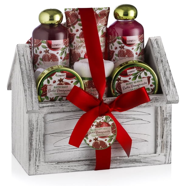 Regalos de cumpleaños de Son Home Spa Cesta de regalo Juego de baño y cuerpo de 8 piezas para mujeres y hombres Gel de ducha con aroma exótico a granada Loción de baño de burbujas Sal de baño Toalla e