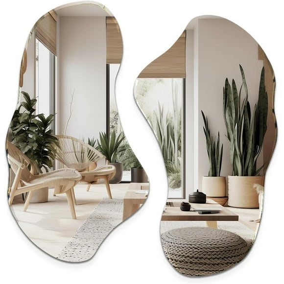 Irregular Wall Mirror, Set of 2, 31.5 x 17.5, Asymmetrical Curvy Groovy Blob Decor for Living Room Entryway Bathroom