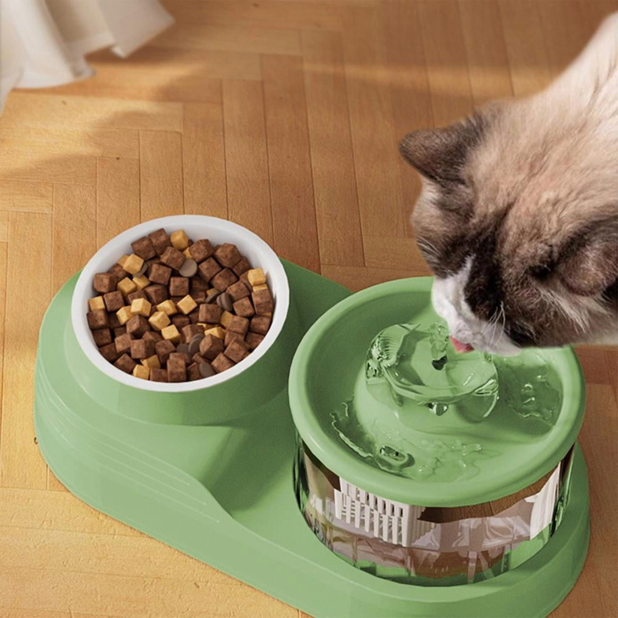COM1950s Automatic Cat Water Fountain with Food Bowl,2 in 1 Pet Feeder and Drinking Fountain with Splash-Free Design,Anti-Slide Base for Cats and Small Dogs