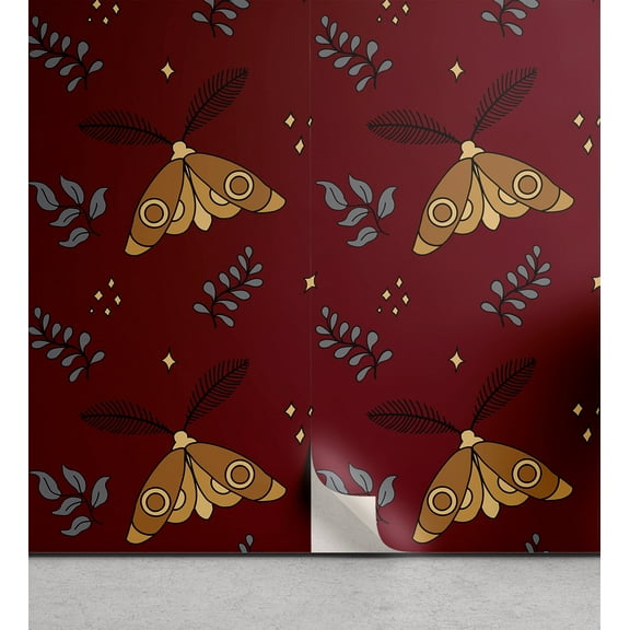 Ambesonne Bohemian Peel & Stick Wallpaper for Home, Cartoon Moths Leaves Stars, 13"x36", Pale Caramel and Maroon