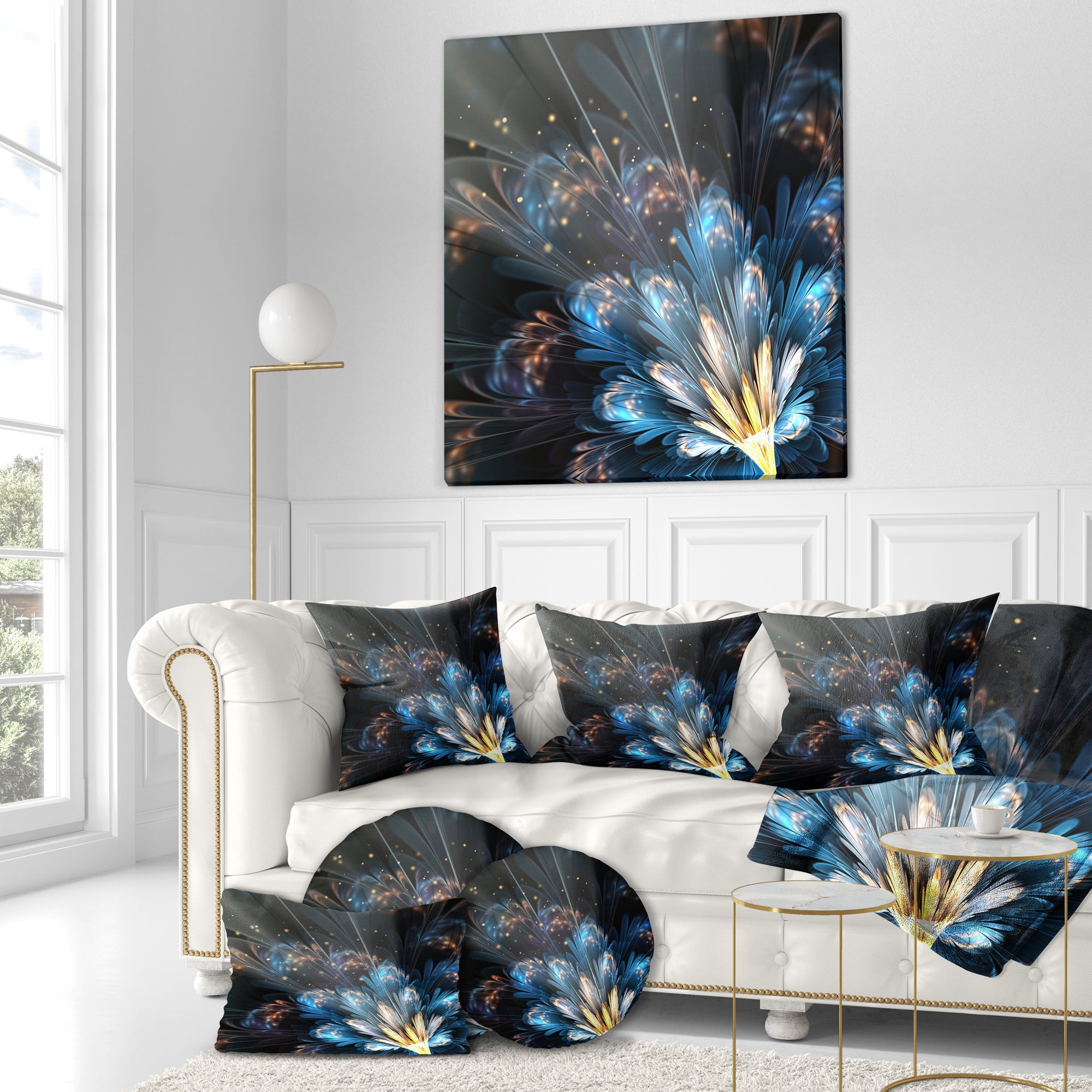 Designart Blue Flower with Golden Details - Floral Throw Pillow - 16x16