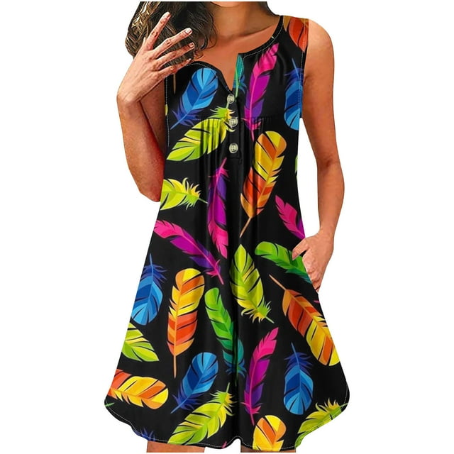 Pisexur Robes de Plage pour Femmes 2024 Robe d'Été Décontractée Vacances Tendance Boho Imprimé Floral Boutonnée Col en V Sans Manches Robe d'Été