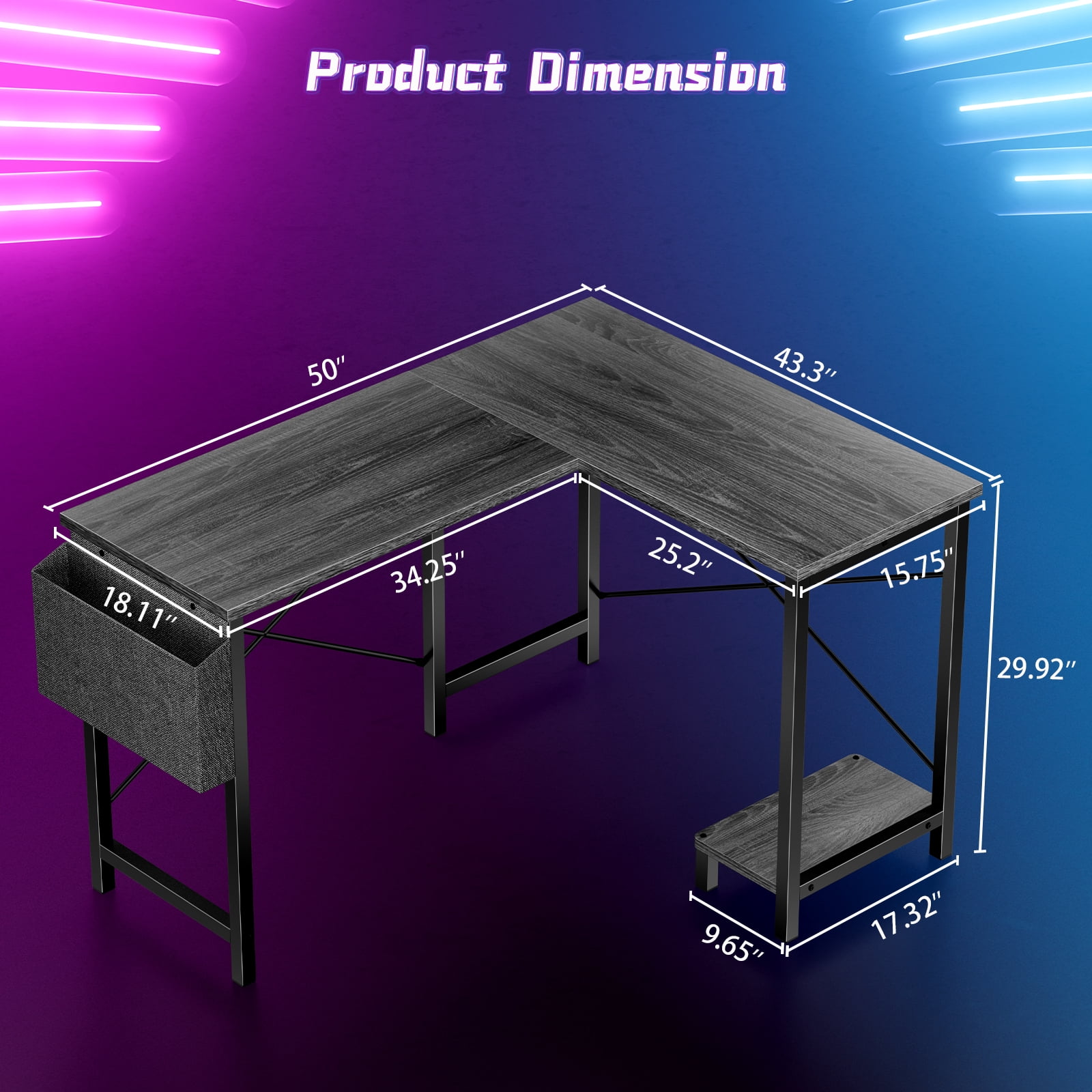 EDX L Shaped Gaming Desk with Wooden Desktop CPU Stand Side Bag Reversible for Home Office Small Space, Grey