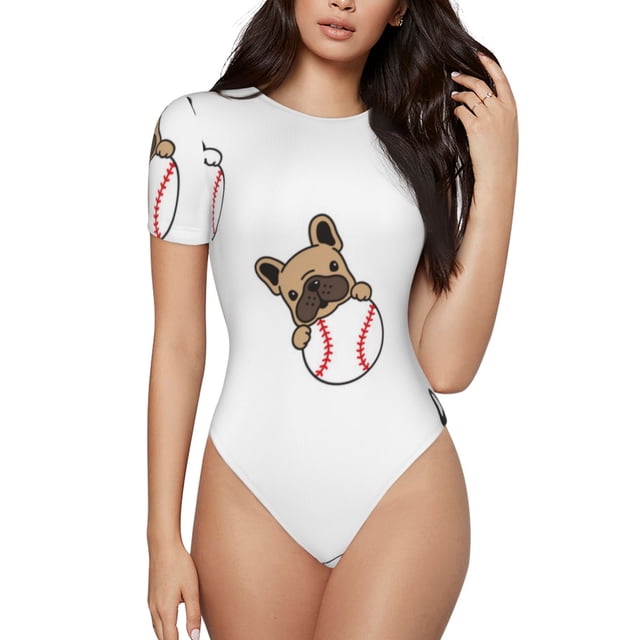 KLL Baseball Chien pour Femmes Justaucorps à Manches Courtes, Justaucorps Aguichant une Pièce Col Rond Justaucorps Gainant Contrôle du Ventre-Petit