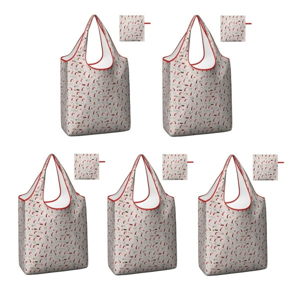 5 Pack Foldable Shopping Bag,Light Pink Christmas Gnome Pattern Reusable Grocery Bags with Pockets,Large Reusable Tote Bags with Handles Waterproof & Lightweight