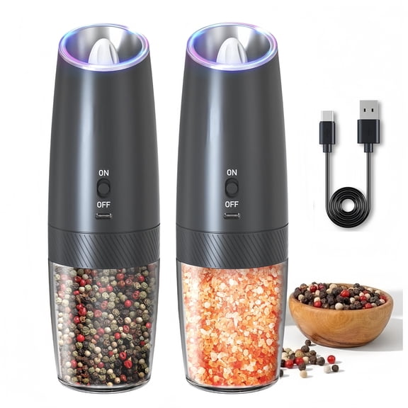 MSAS Electric Salt & Pepper Mill Grinder Shakers,Adjustable Coarseness Gravity LED Light USB Rechargeable, Black, 2 Pack