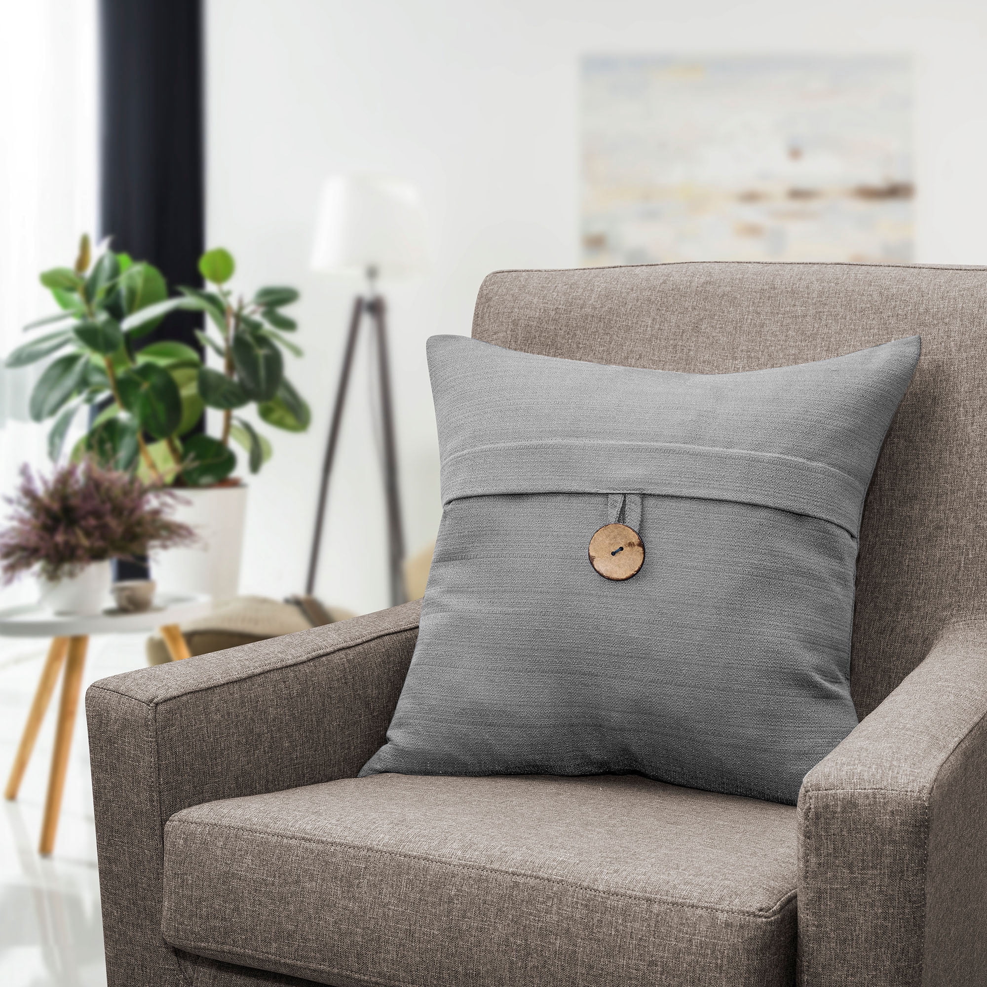 Better Homes & Gardens Feather Filled Banded Button Decorative Throw Pillow, 20" x 20", Grey, 2 Pack