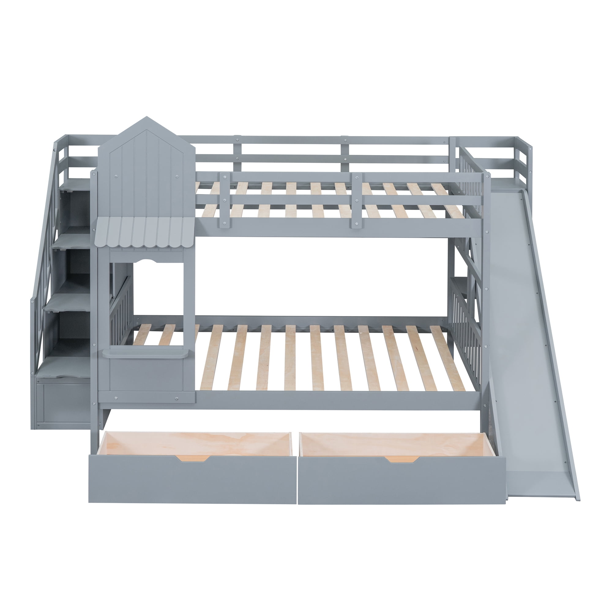 Full over Full Bunk Bed for Kids, Castle Style Bunk Beds with 2 Drawers, Slide and Storage Shelves, Solid Wood Bunk Bed Frame for Kids Girls Boys Teens