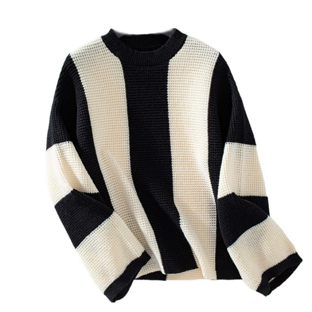 Tenues d'Automne 2024 Chandail d'Hiver Ample à Rayures Tricoté à Manches Longues Col Rond pour Femmes P-85 Blanc G