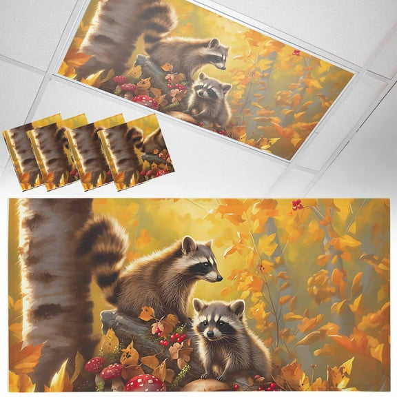 4 Pack Magnetic Fluorescent Light Covers, 2x4 Ft, Fall Forest Animal Raccoon Magnetic Light Covers for Ceiling Lights Classroom Office Home Decor