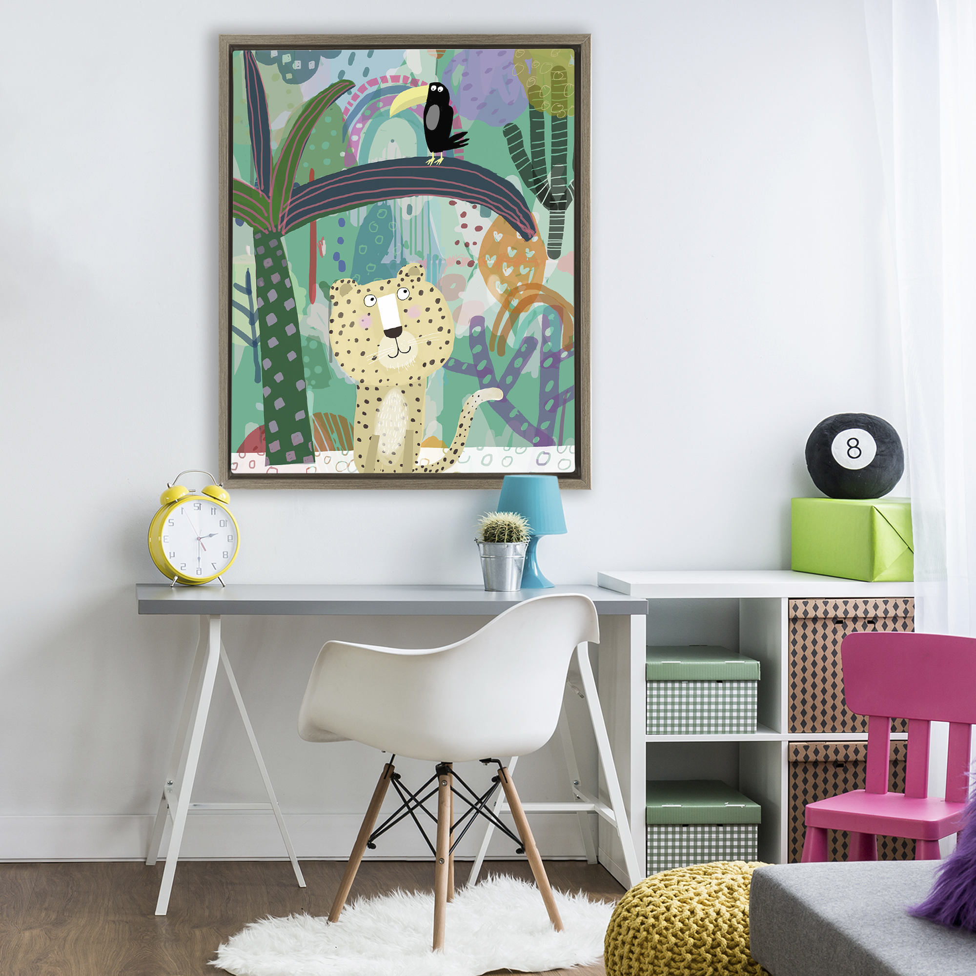 Jungle Cheetah & Toucan Brown Framed Floater Canvas Wall Art, design by Carla Daly