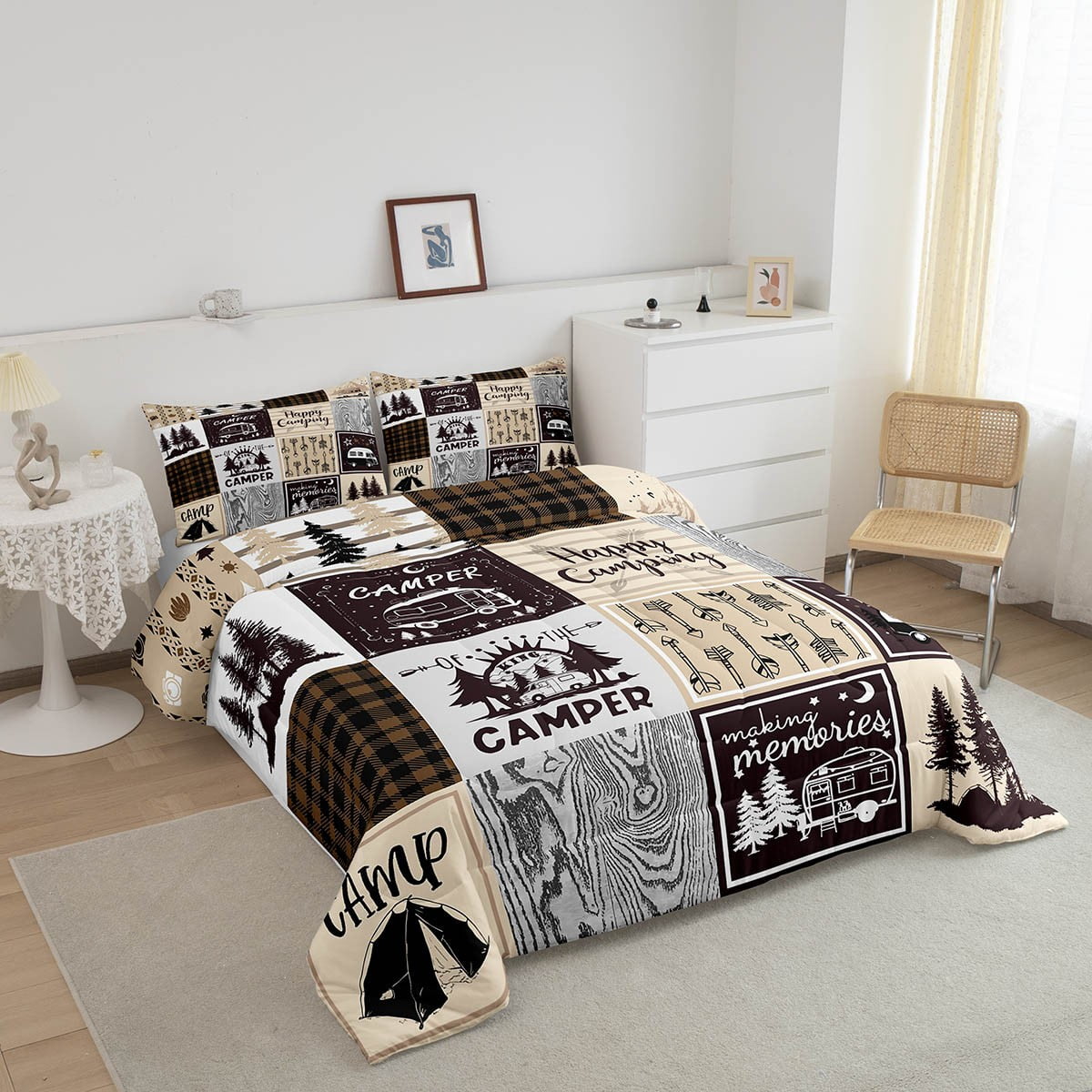 Camper King Comforter Set For Bunk Travel Trailers,Rustic Plaid Camping Car Quilt Set Camping Accessories Bedding Set For Rv Campers,Country Cabin Lodge Decor Bed Duvet Set Brown Beige