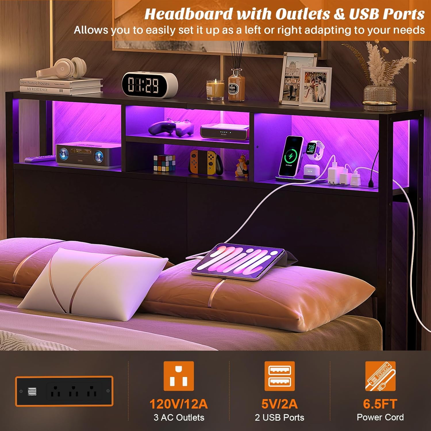 Homieasy Headboard for Full Size Bed with Storage, Headboards with Outlets, USB Ports and LED Light, King Size Head Board Only, Height Adjustable, Reversible, Sturdy and Stable Headboard, Black