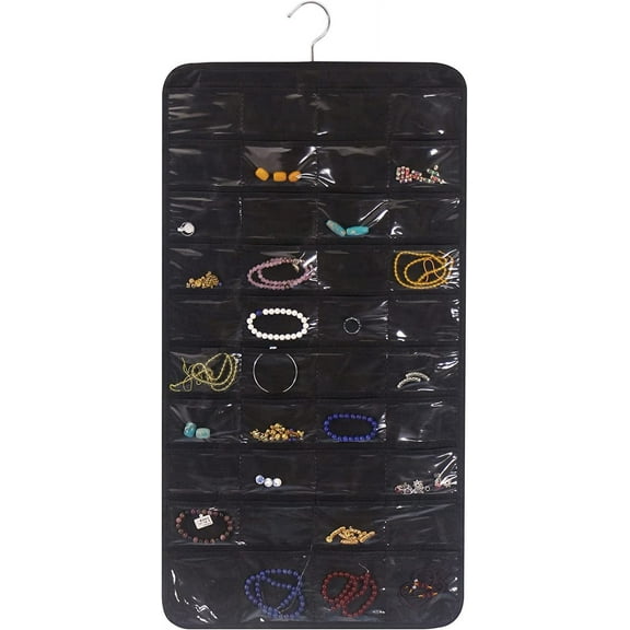 80 Pockets Hanging Jewelry Organizer for women, Storage Bag for Earrings Necklace Bracelet Ring accessory display holder, Black