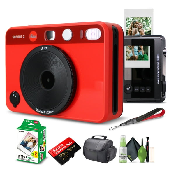Leica Sofort 2 Appareil Photo Instantané Hybride (Rouge) / 4,9 Mpx avec Objectif 28 mm / Comprend 20 Feuilles de Film Fujifilm + Carte microSD 128 Go + Trousse de Nettoyage