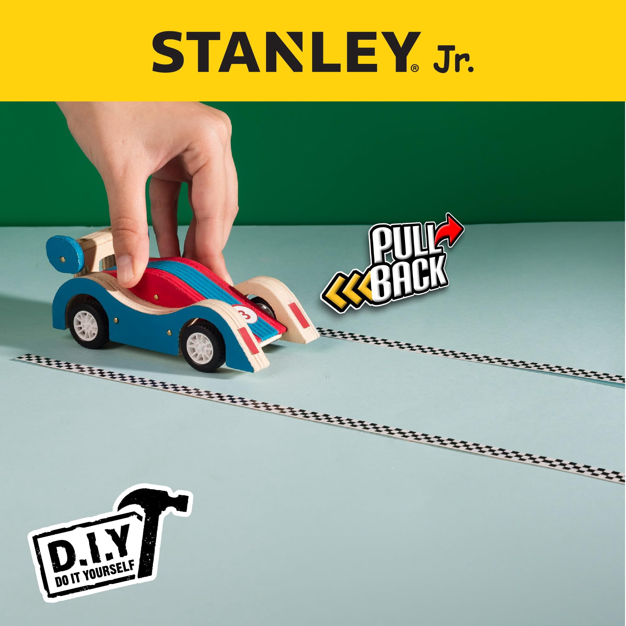 STANLEY Jr. DIY Pull Back Sports Car Building Kit for Kids Wood Racer W/ 5 Pcs Tool Set Beginning Woodworking Set with Paints, Ages 5 to 12