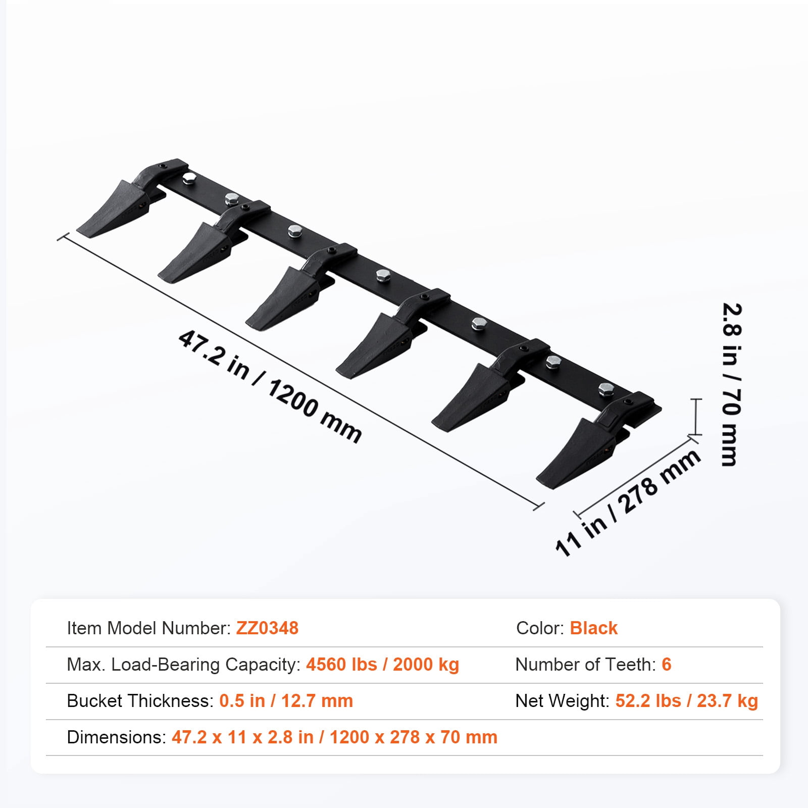 KFFKFF 48" Rack Tractor Lower Bucket 6 Teeth Bar 4560 lb. Load Capacity