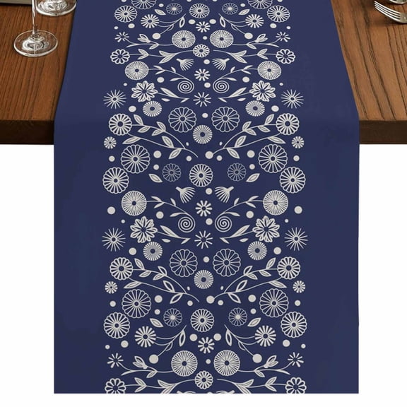 Japanese Burlap Cotton Table Runner 18x72 Inches Long, Navy Blue Country Flowers Leaves Aesthetic Farmhouse Table Runners, Outdoor Dining Tablecloths Decor for Baby Shower/Party/Wedding