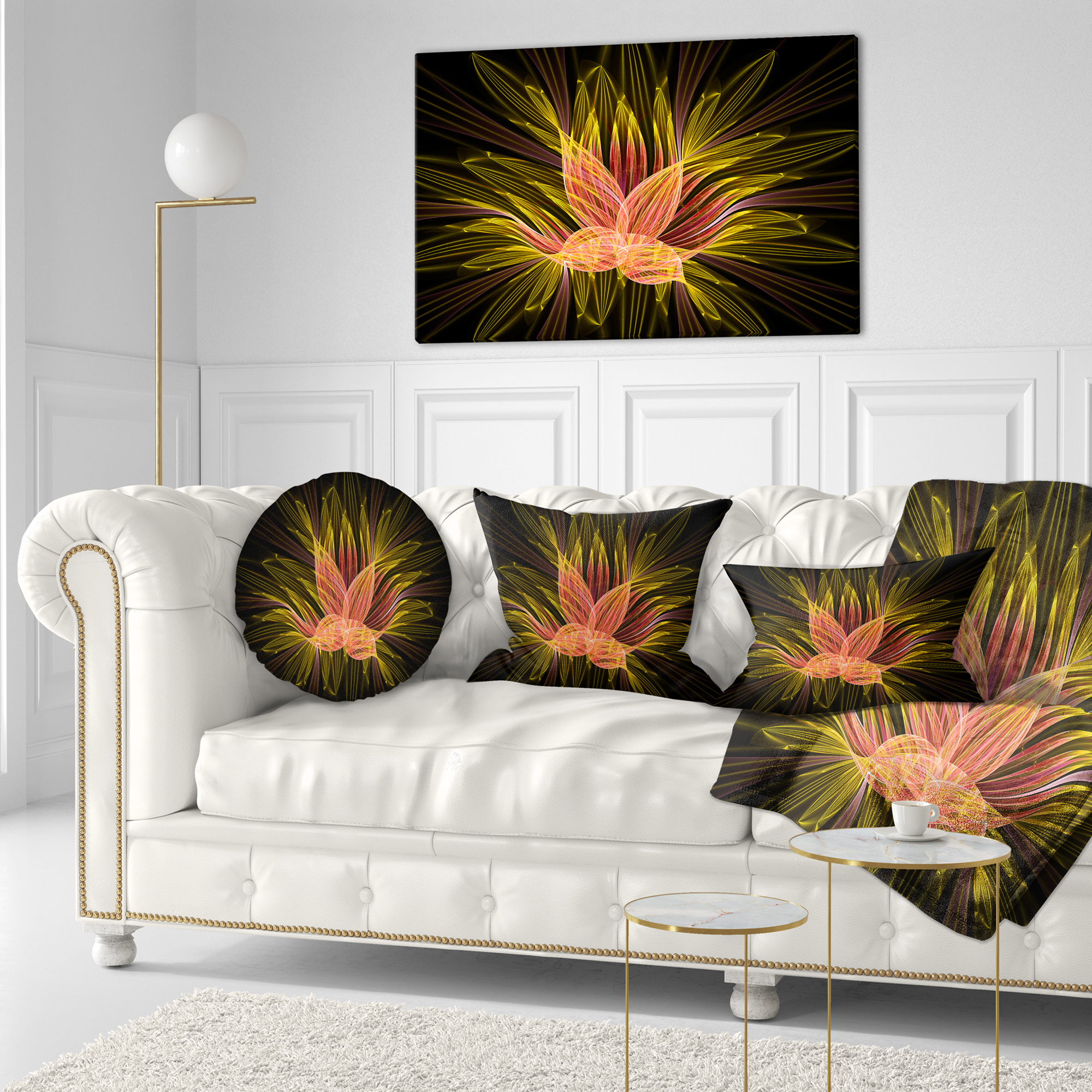 Designart Yellow Red Fractal Flower in Dark - Floral Throw Pillow - 12x20