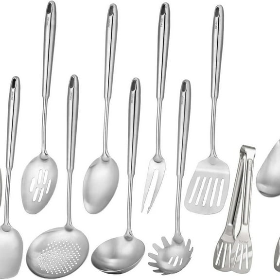 18/10 Stainless Steel Kitchen Utensils Set - 12 PCS All Metal Cooking Tools & 15″ Serving Utensils - Potato Masher, Meat Fork, Tongs, Turner, Pasta, Serving Spoon, Skimmer, Ladle, Spatula Spoon Set