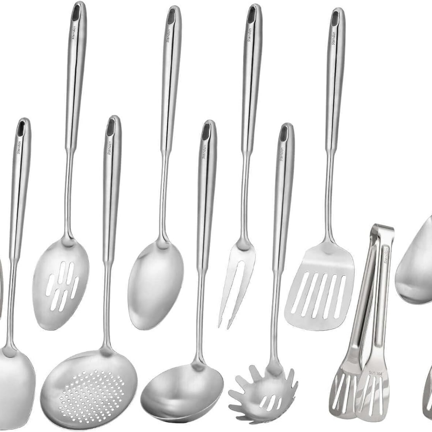 18/10 Stainless Steel Kitchen Utensils Set - 12 PCS All Metal Cooking Tools & 15โณ Serving Utensils - Potato Masher, Meat Fork, Tongs, Turner, Pasta, Serving Spoon, Skimmer, Ladle, Spatula Spoon Set