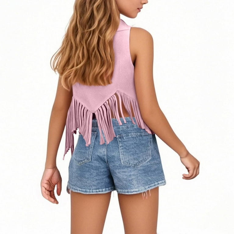 Efsteb Girls Sleeveless Fringe Cardigan Coats Trendy Western Tank Jacket  Vintage Comfy Hem Fringe Tassel Waistcoat (Pink,7 Years)