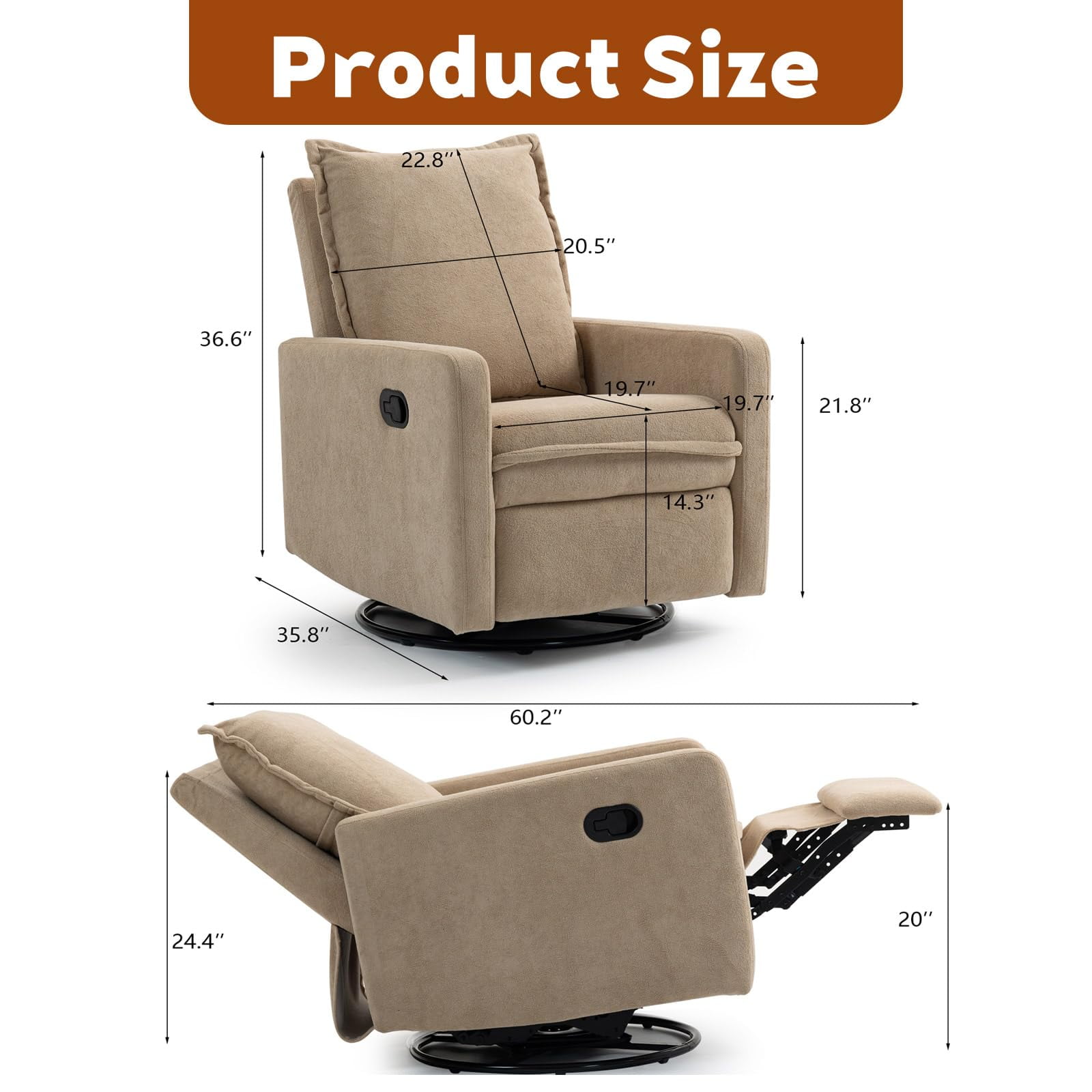 Lovableguy Modern Swivel Recliner Chair,Velvet Manual Button Nursery Glider Reclining Chair with Footrest,Comfy Upholstered Rocking Chair Living Room,Bedroom,Camel