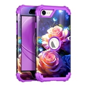 Casetego for iPhone SE 2022/2020 Case,Three Layer Heavy Duty Shockproof Protection Hard Plastic Bumper +Soft Silicone Rubber Protective Case,Purple Rose
