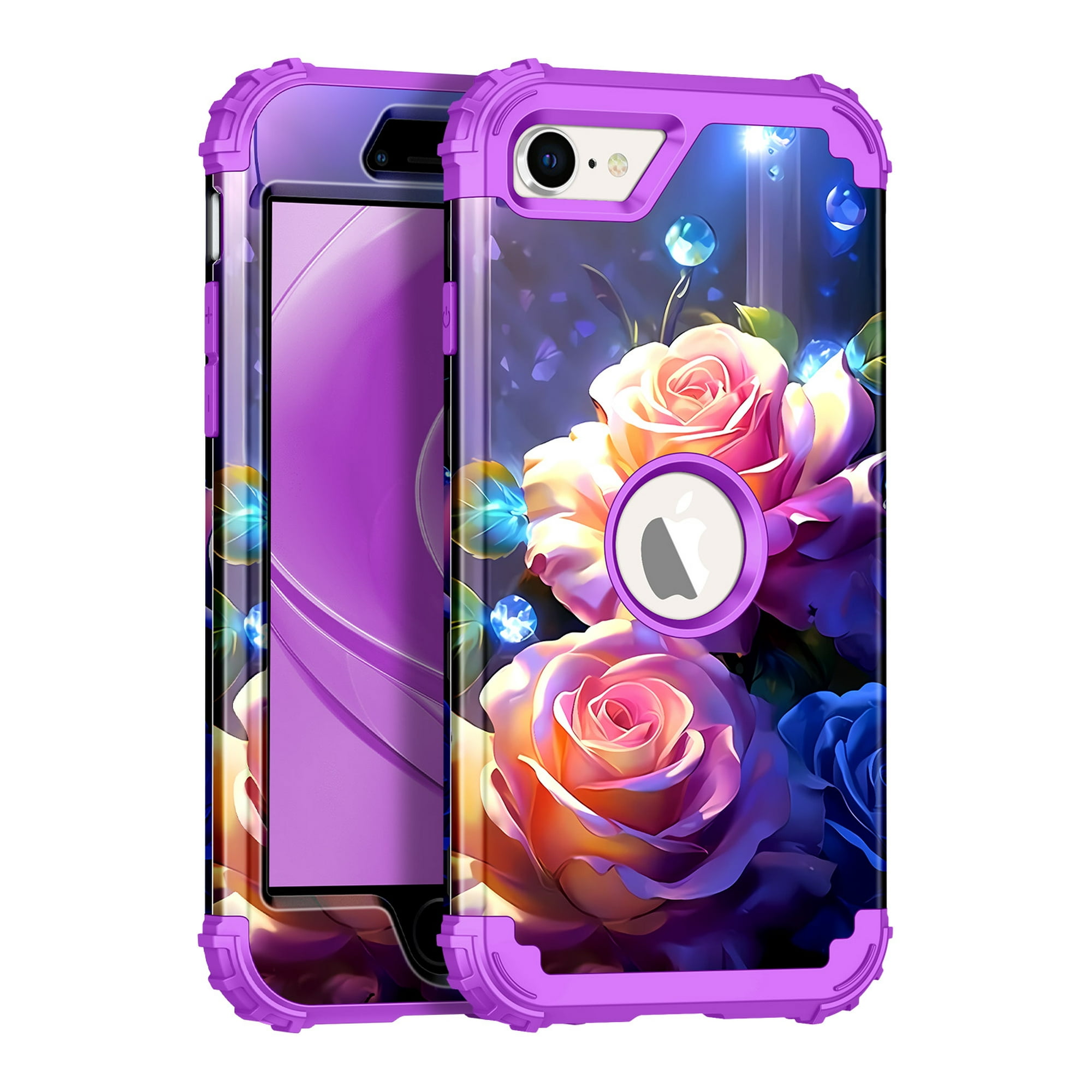 Casetego for iPhone SE 2022/2020 Case,Three Layer Heavy Duty Shockproof Protection Hard Plastic Bumper +Soft Silicone Rubber Protective Case,Purple Rose