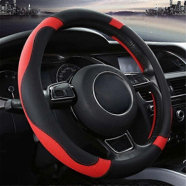Universal Heavy Duty Genuine Leather Steering Wheel Cover 37-38cm/15inch Non-slip Steering Wheel Cover Red Steering Wheel Protector