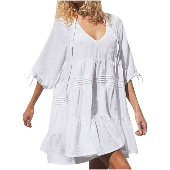 Womens Summer Dresses Casual V-Neck Solid Color Drawstring Mini Dress Ladies Short Sleeve Beach Dresses