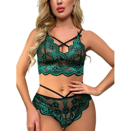 

Niuer Ladies Lingerie Set Babydoll Underwear 2 Pieces Bralette And Panty Sets Floral Sleepwear Deep V Neck Outfits Blackish Green M