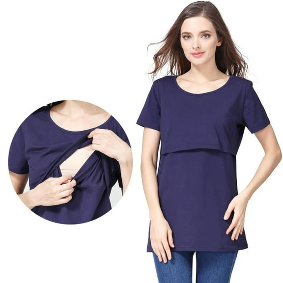Fengqque Comfortable and Convenient Women's Nursing Tops Solid Comfortable Short Sleeve T-Shirt Blouse Round Neck Casual Tops