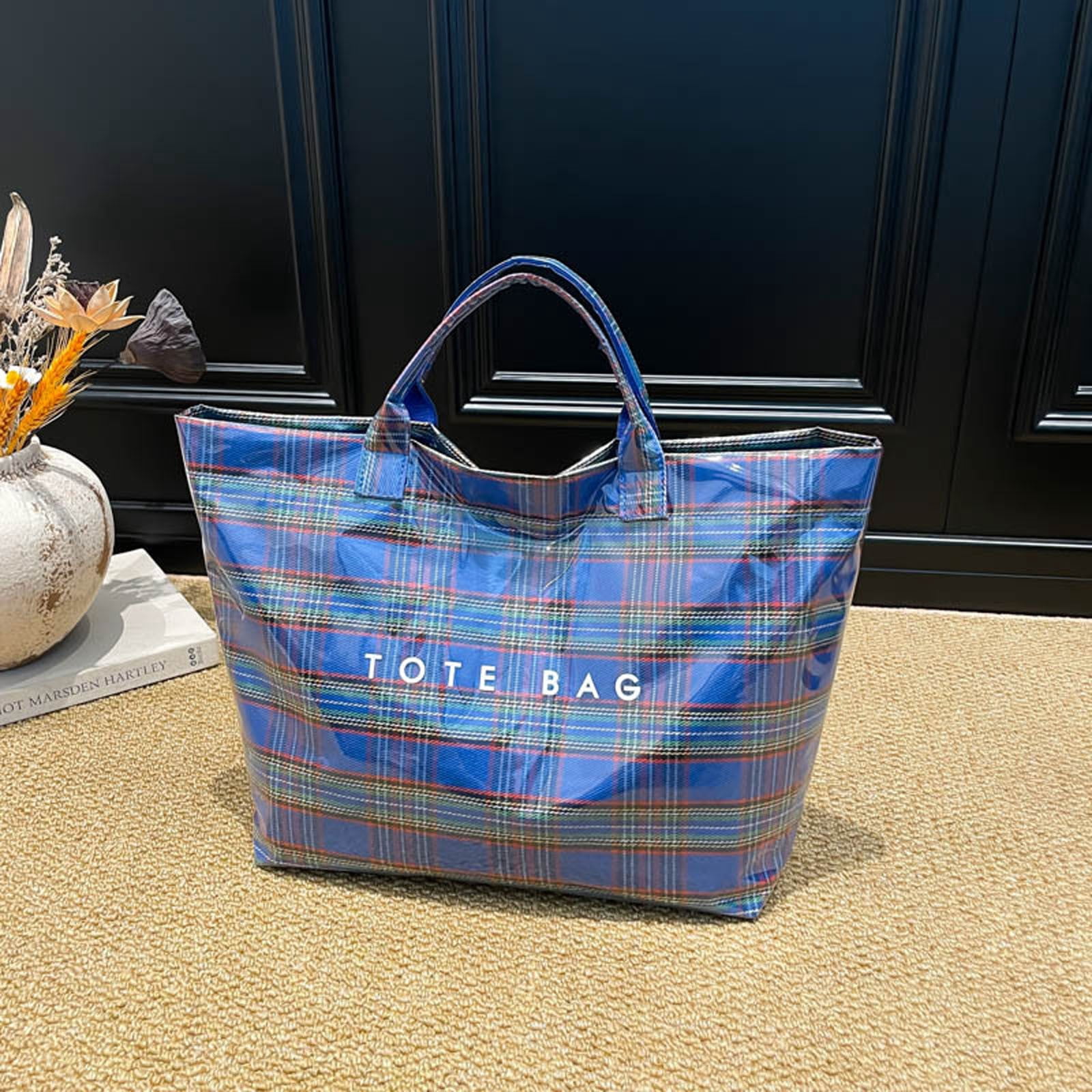 Comefolife Christmas Blue Plaid PVC Tote Bag for Women Vintage Christmas Buffalo Check Tote Bag Plastic Handbag