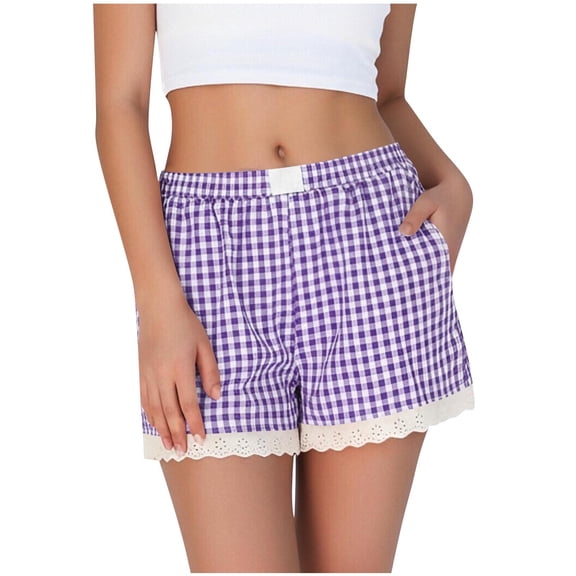Levmjia Womens Sleeping Shorts Plaid Elastic Waist Casual Polyester Pants With Lace Splice Pockets Comfortable Sleepwear Home Beach and Daily Wear Summer