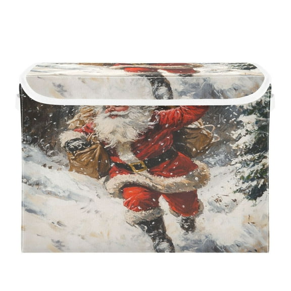 WOBOGO Santa Claus Delivers Gifts in The Snow Large Collapsible Storage Box Flip Lid Fabric Decorative Organizer Container Basket with Handles 16.5×12.6×11.8in
