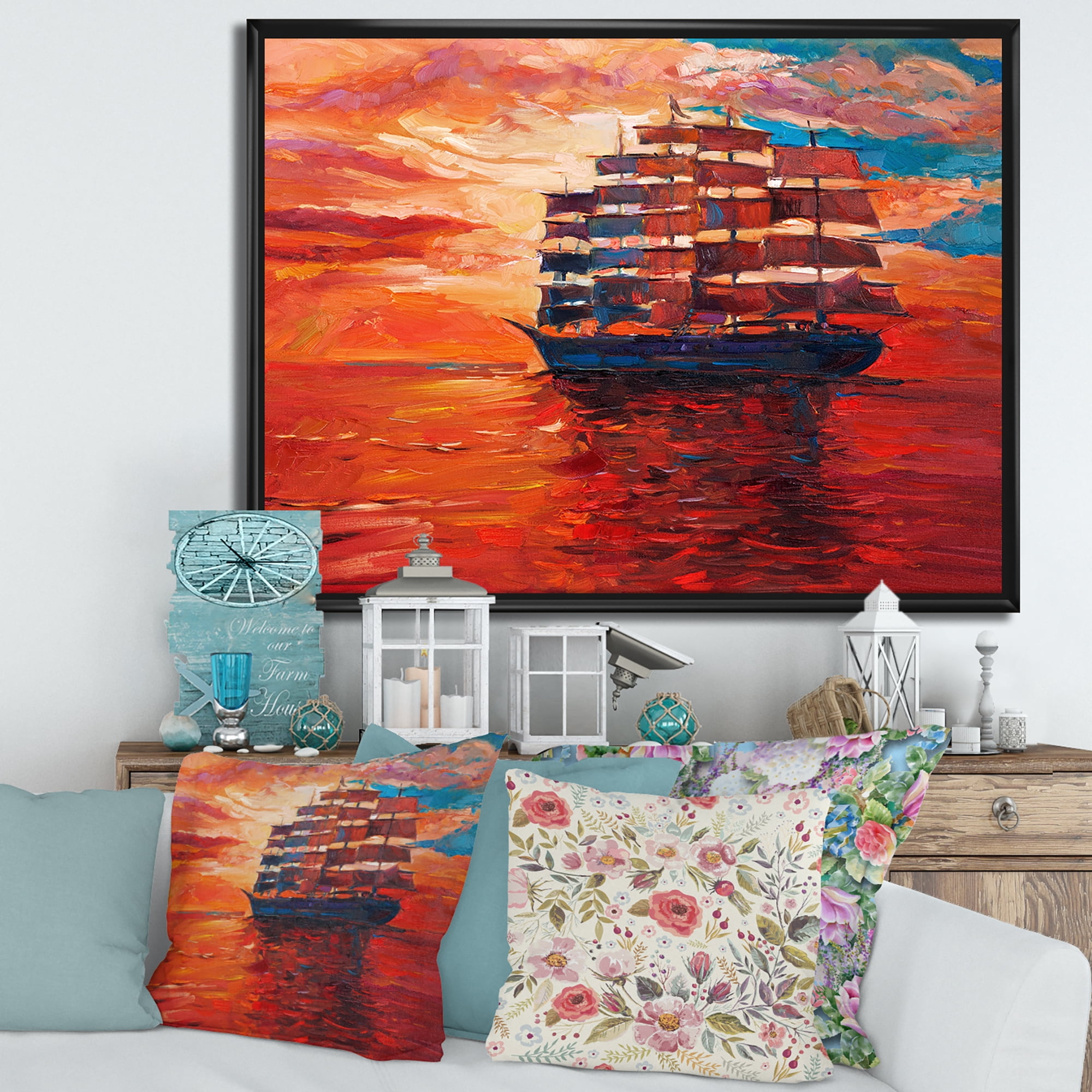 Designart 'Frigat During Red Evening Glow On The Ocean Horizon' Nautical & Coastal Framed Canvas Wall Art Print