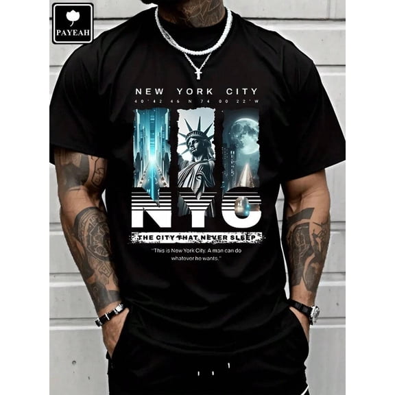【NYC Spirit】Men’s “New York City – The City That Never Sleeps” Graphic T-Shirt – Urban Landmark Tee with Statue of Liberty & Skyline Print, Streetwear for Travelers & Locals