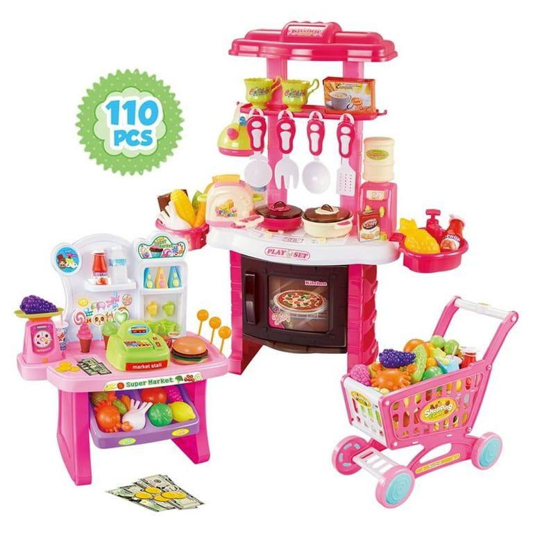 Mundo Toys Mini Supermarket Pink 3 in1 Kitchen Set for Kids Play Food 110  Pcs for Toddlers Girls +3