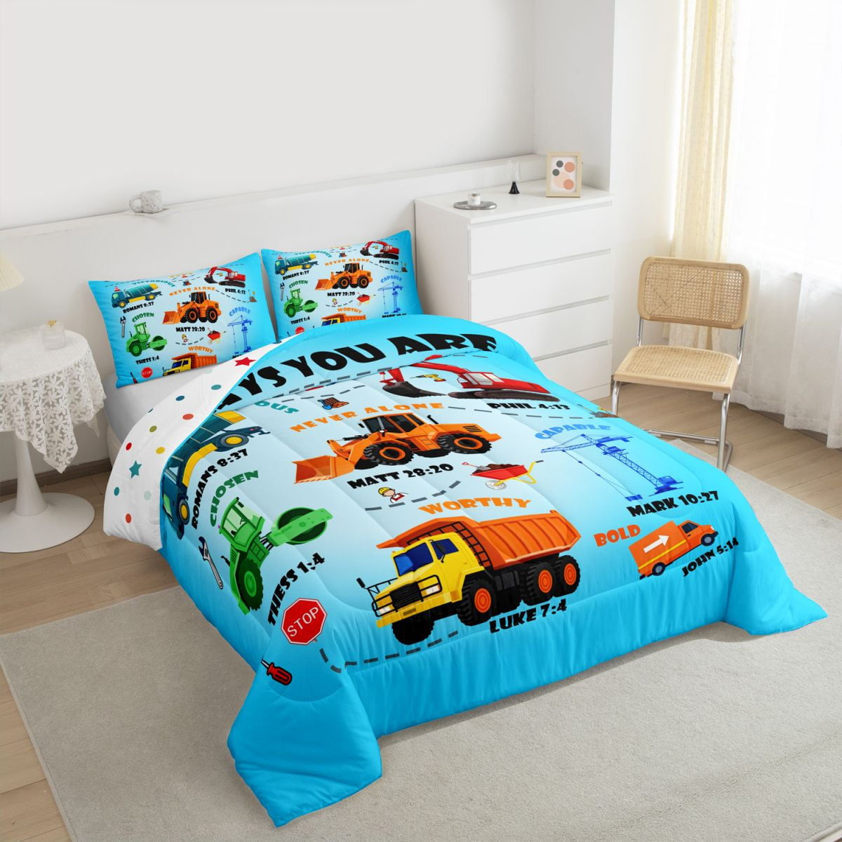 Manfei Construction Truck Bedding Comforter Set,Excavator Twin Comforter Sets,Equipment Vehicles Bulldozer Bedding Set For Boys Teens,Microfiber Bedroom Decor Reversible,2 Pieces