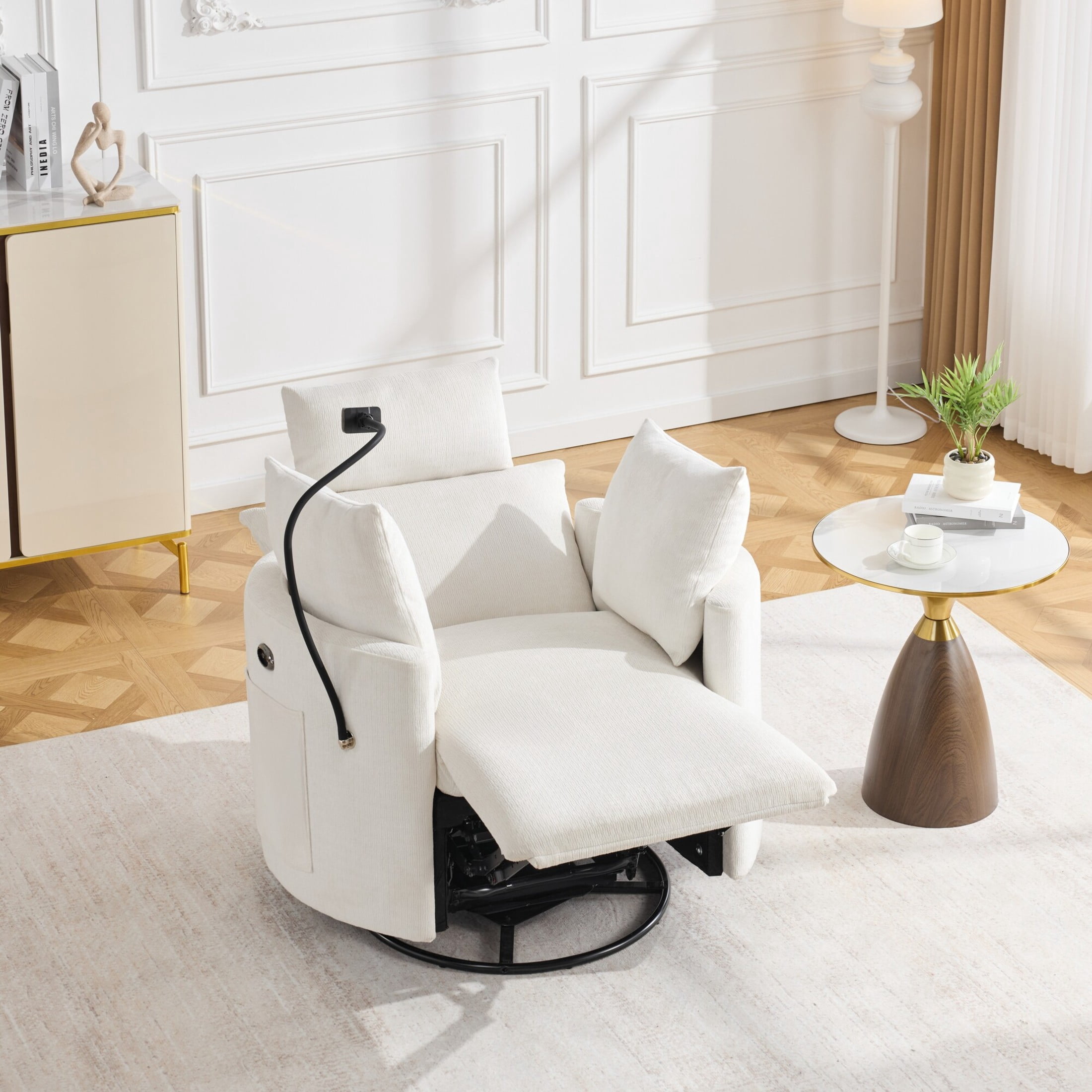 Noble House Sigrid 210° Swivel Rocking Recliner Chair, Electric Power Adjustable Chenille Armchair with USB, White