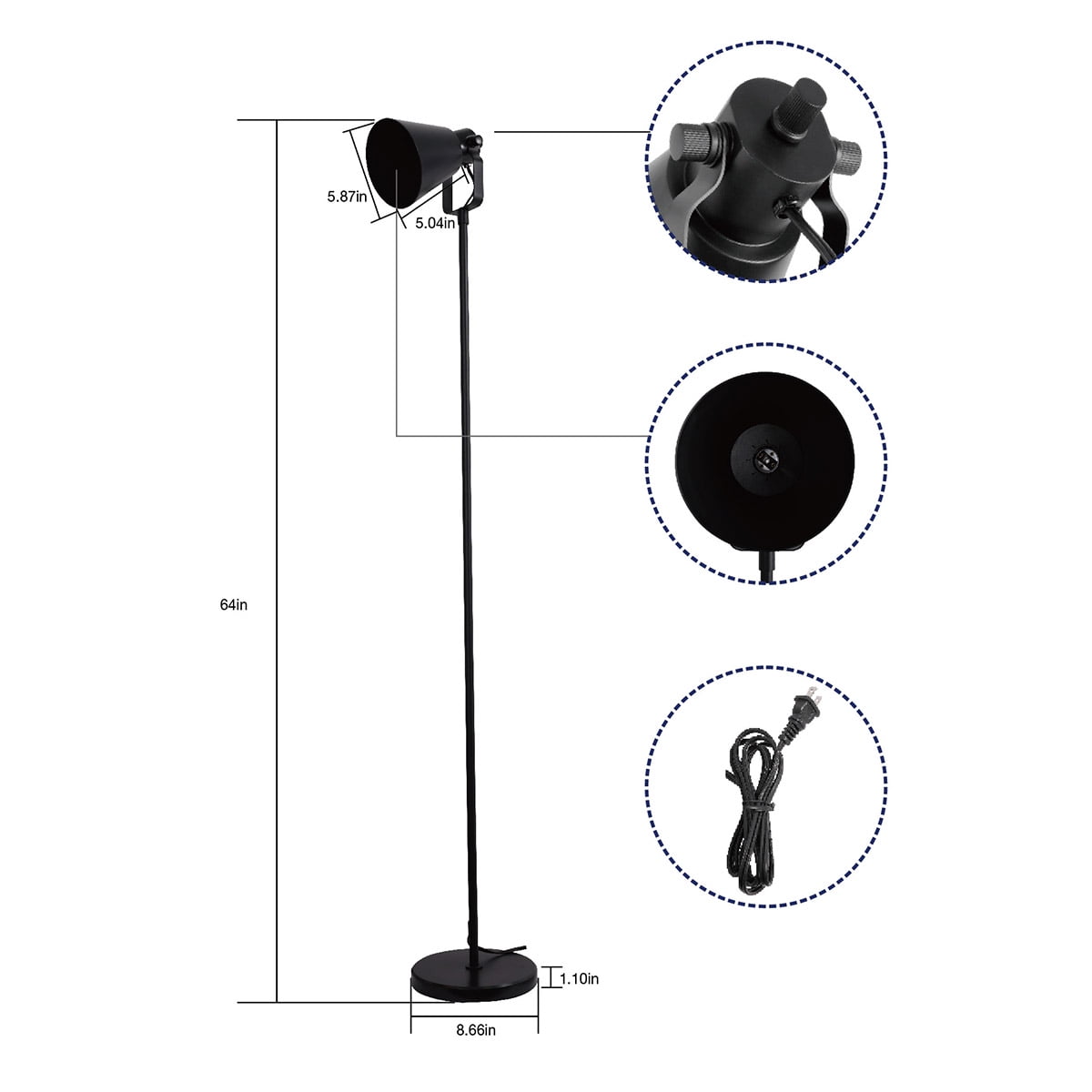 Mainstays Modern Floor Lamp, 64 in, Adjustable Shade, Black Finish, 1-Pack