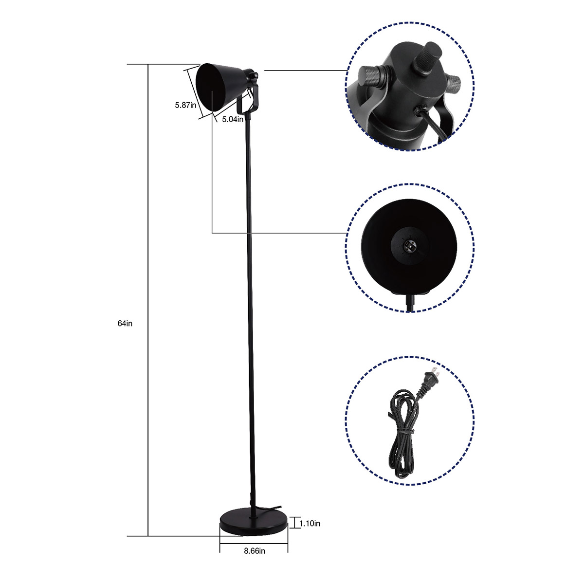 Mainstays Modern Floor Lamp with Adjustable Shade, Black, 64" photo 5