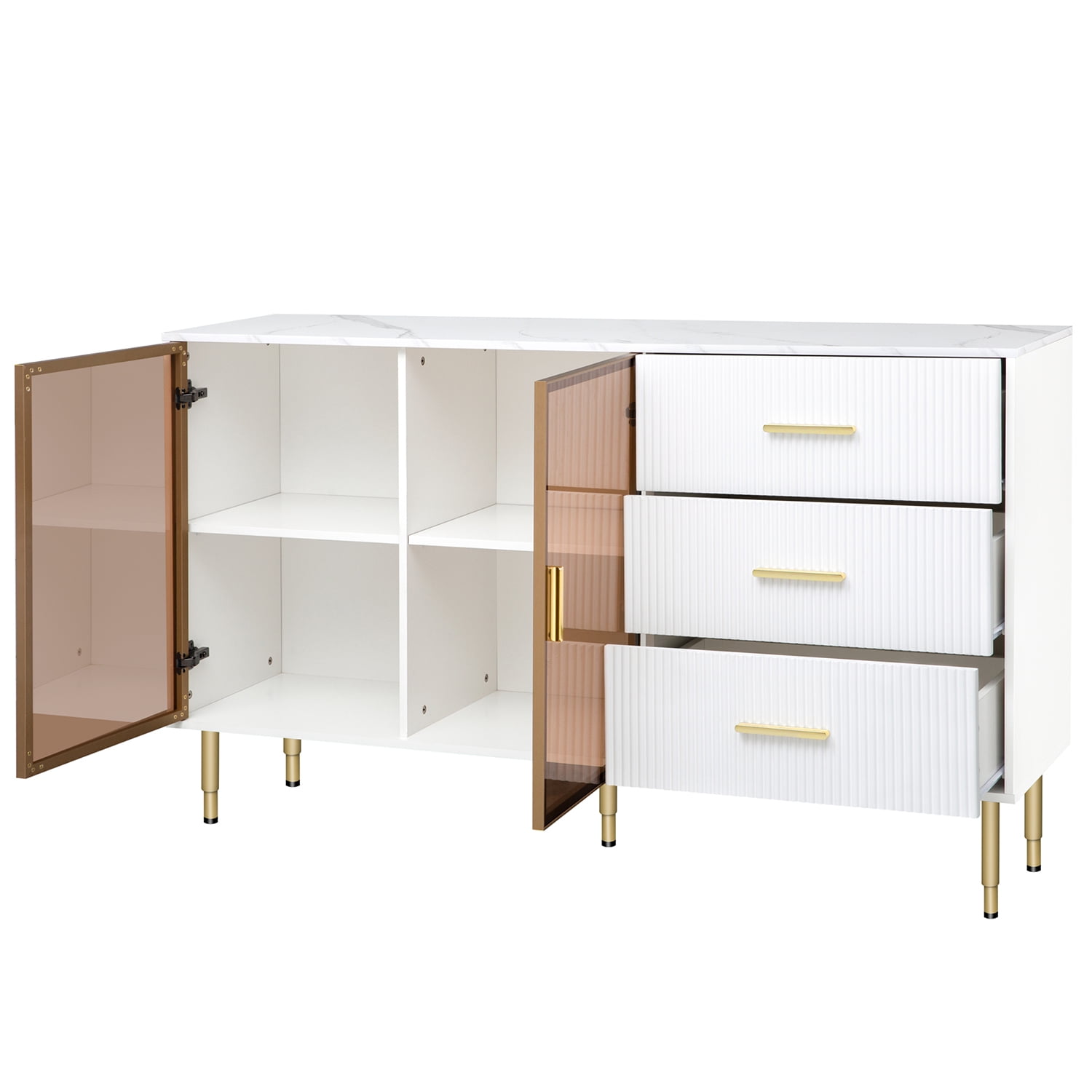 Kadyn Modern Kitchen Storage Cabinet, White Storage Server Cupboard with Gold Metal Legs & Handles, MDF Storage Cabinet for Living Room