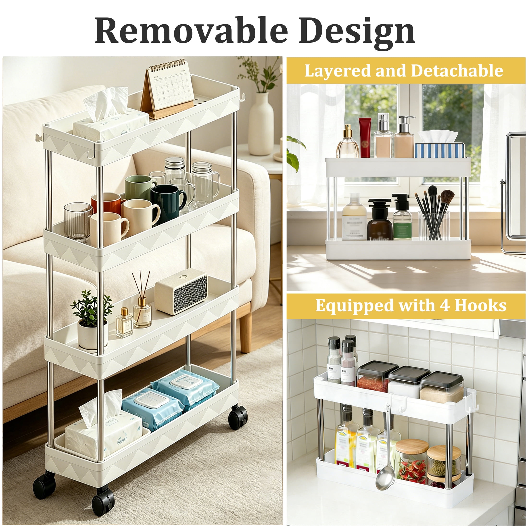 Slim Rolling Storage Cart, 4-Tier Bathroom Laundry Organizer Mobile Cart, Portable Slim Storage Cart with Lockable Wheels, Mobile Utility Cart for Kitchen, Bathroom, Laundry Room, White